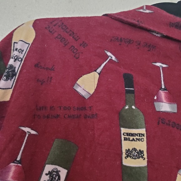 PJ Salvage Women's L Wine Bottle Glass Print Flannel Pajama Top Sleepwear Button - Picture 11 of 14